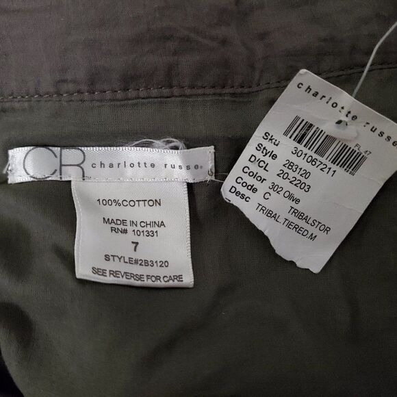 𝅺charlotte Russe Cotton Olive Mini Skirt short ruffled tiered tribal sz 7 - Picture 5 of 5